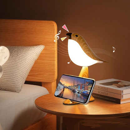 Magpie Table Lamp with USB Charging and Sound Output in Wood Finish - magpie table lamp sound usb charging