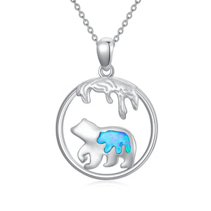 Mama Bear Necklace Sterling Silver Mother Daughter Blue Opal Animal Necklace Pendant Gift for Women Girls - Mama Bear