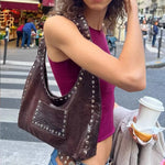 Maroon Retro Rivet Shoulder Bag with Underarm Design for Daily - Teleplus retro rivet shoulder underarm bag