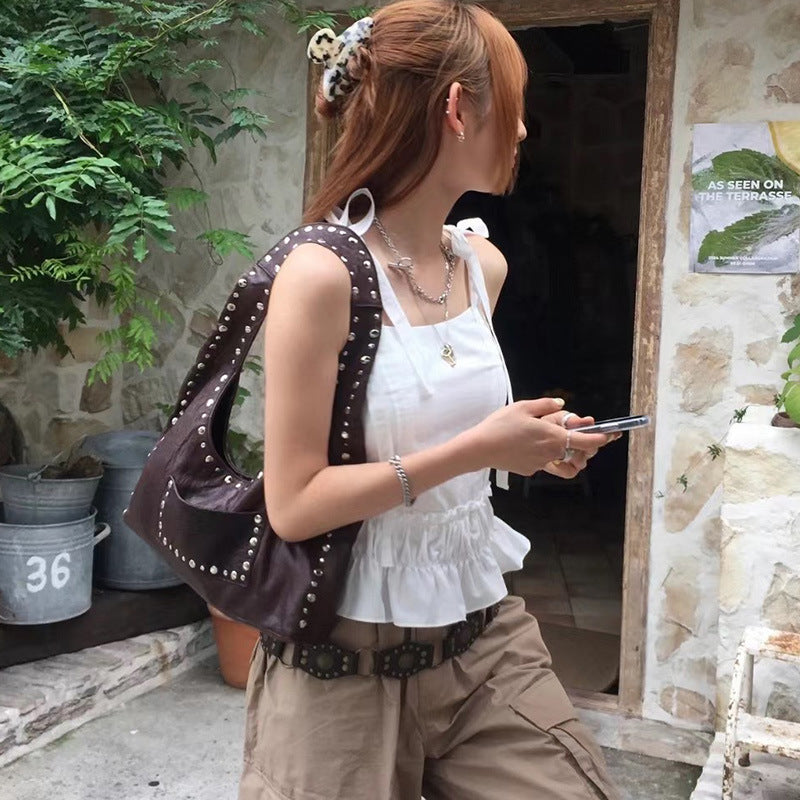 Maroon Retro Rivet Shoulder Bag with Underarm Design for Daily - Teleplus retro rivet shoulder underarm bag