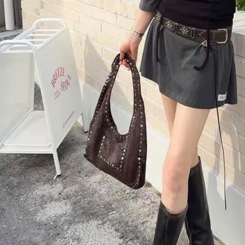 Maroon Retro Rivet Shoulder Bag with Underarm Design for Daily - Teleplus retro rivet shoulder underarm bag