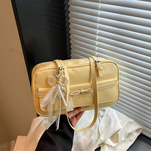 Medium PU Flap Shoulder Bag with Silk Scarf and Pearl Bow for Women