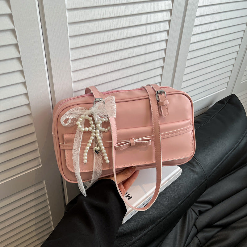 Medium PU Flap Shoulder Bag with Silk Scarf and Pearl Bow for Women