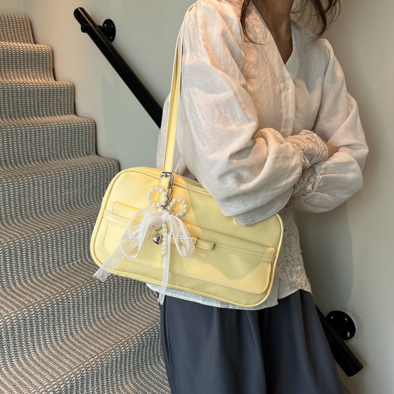 Medium PU Flap Shoulder Bag with Silk Scarf and Pearl Bow for Women