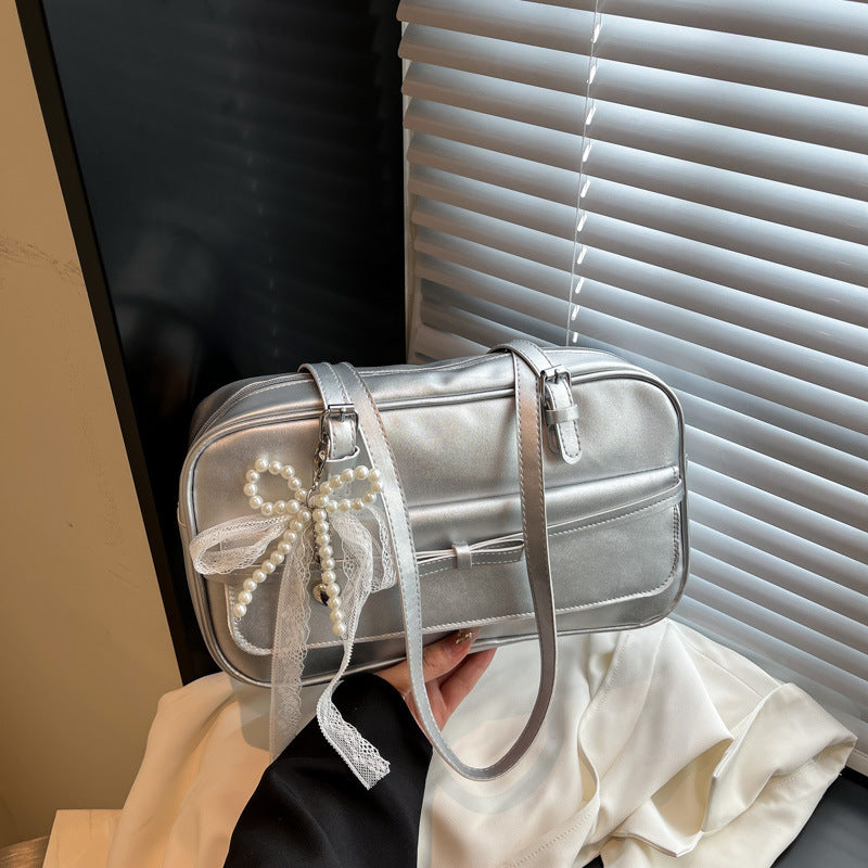 Medium PU Flap Shoulder Bag with Silk Scarf and Pearl Bow for Women