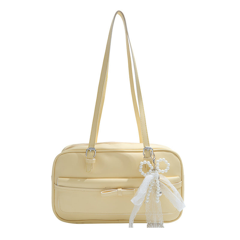 Medium PU Flap Shoulder Bag with Silk Scarf and Pearl Bow for Women