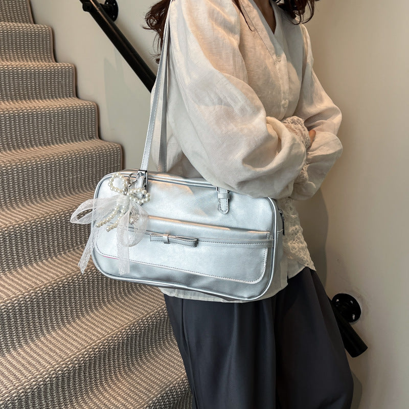 Medium PU Flap Shoulder Bag with Silk Scarf and Pearl Bow for Women