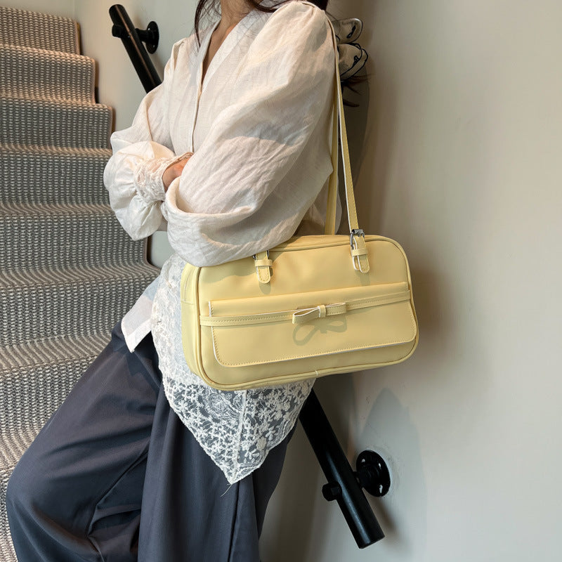 Medium PU Flap Shoulder Bag with Silk Scarf and Pearl Bow for Women