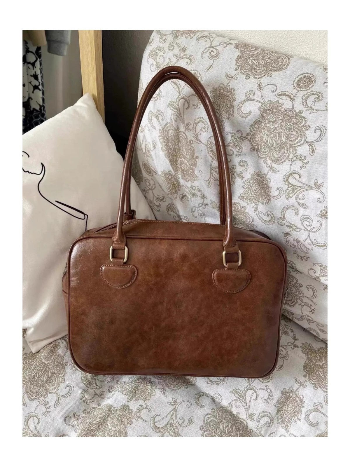 Medium PU Leather Suitcase Brown Black Shoulder Travel Bag Polyester Lining