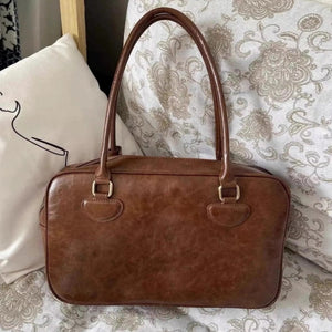 Medium PU Leather Suitcase Brown Black Shoulder Travel Bag Polyester Lining