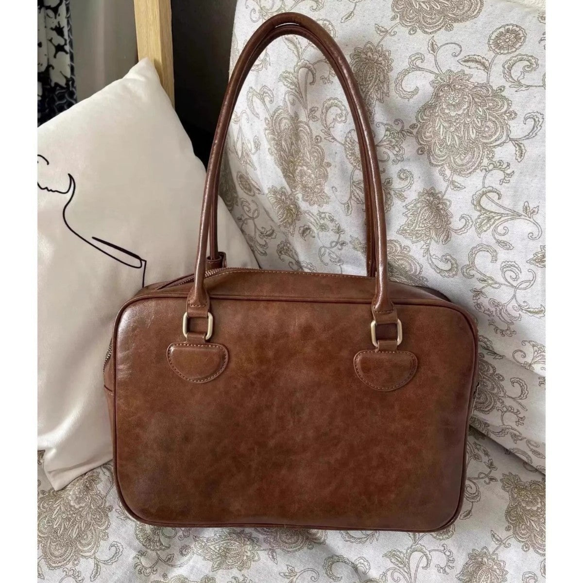 Medium PU Leather Suitcase Brown Black Shoulder Travel Bag Polyester Lining