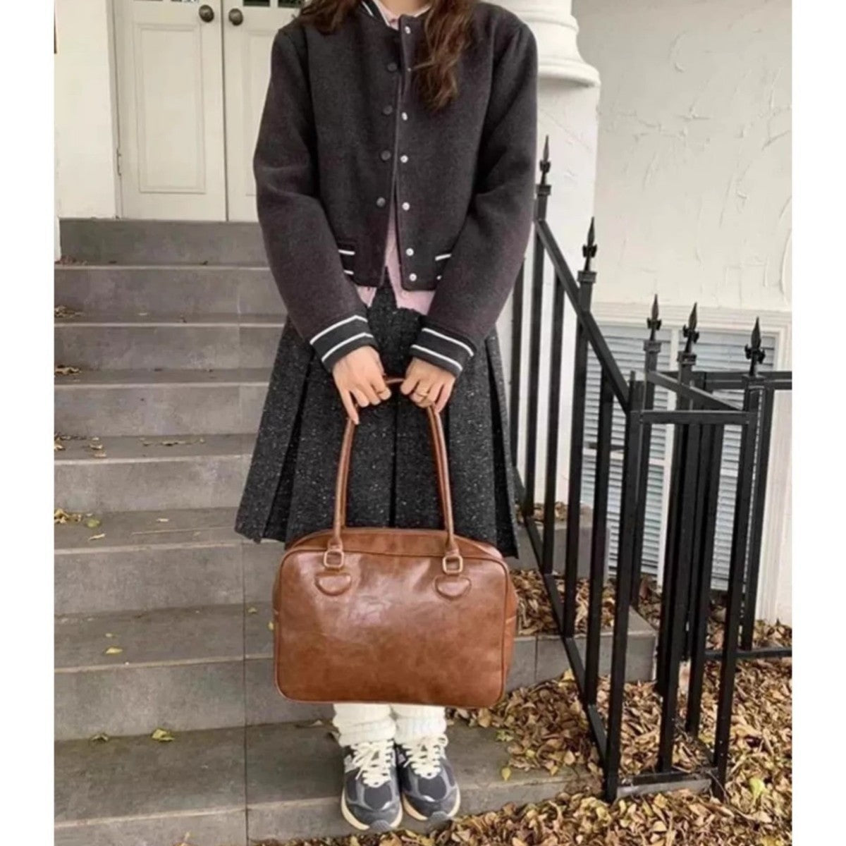 Medium PU Leather Suitcase Brown Black Shoulder Travel Bag Polyester Lining