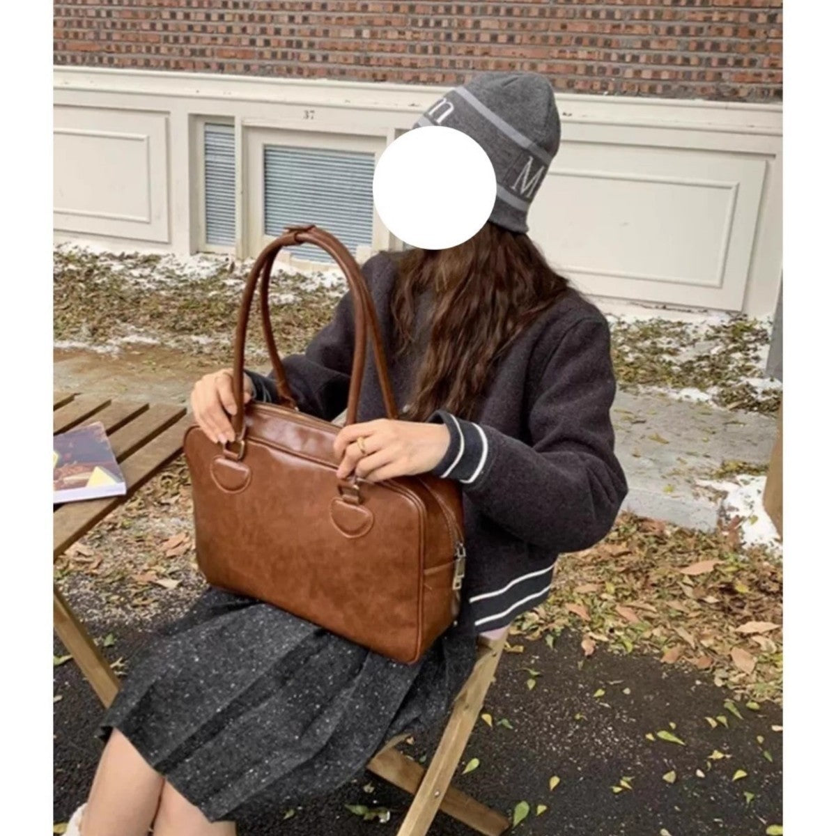 Medium PU Leather Suitcase Brown Black Shoulder Travel Bag Polyester Lining