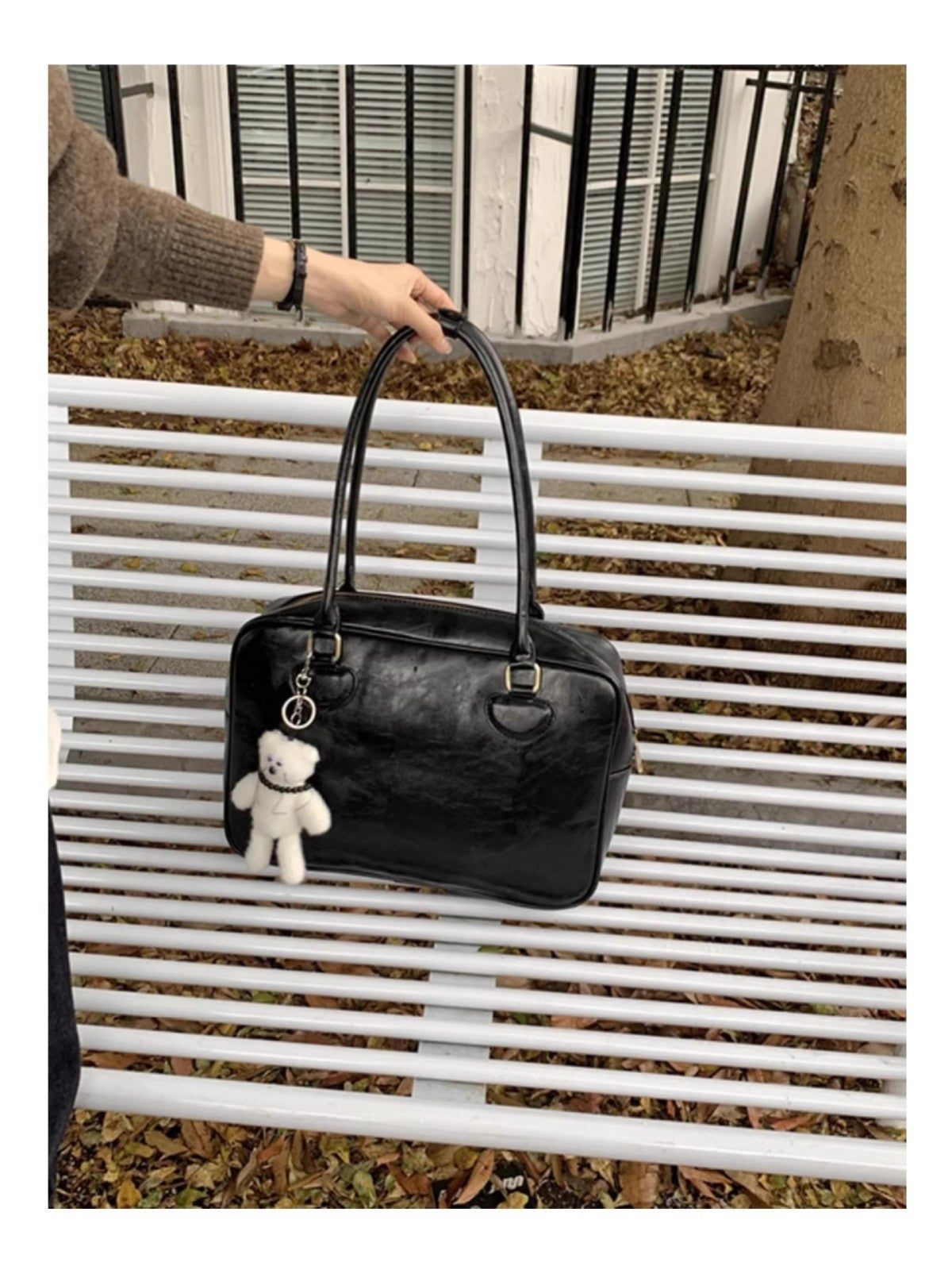 Medium PU Leather Suitcase Brown Black Shoulder Travel Bag Polyester Lining