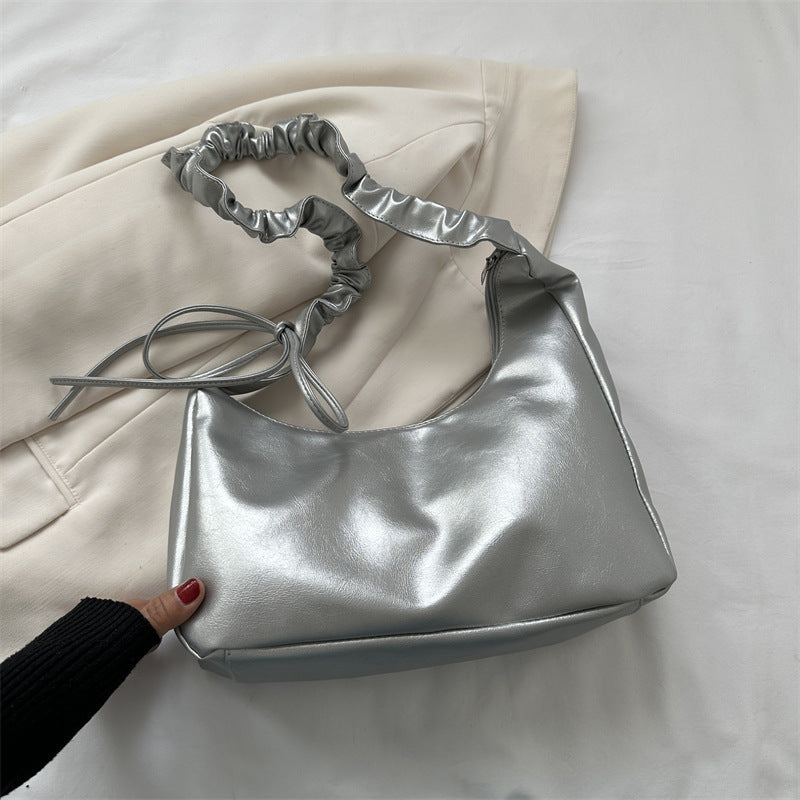 Medium PU Shoulder Bag with Phone Pocket Black Brown White Gold Silver - shoulder bag
