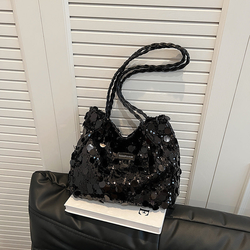Medium Silver and Black Polyester Shoulder Bag with Open Pocket Double Strap - Teleplus