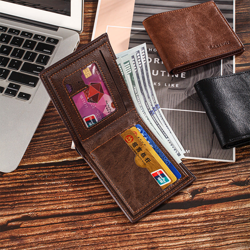 Mens Bifold PU Leather Wallet Slim RFID Blocking Rustic Brown Black Card Holder