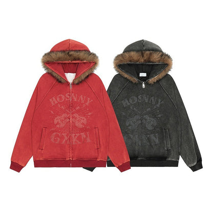 Mens Cotton Hooded Sweatshirt Dark Gray Red Long Sleeve Sizes M L XL - Teleplus M-XL