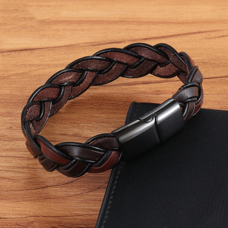 Men’s Fashion Stainless Steel Leather Bracelet - Men’s Fashion Stainless Steel Leather Bracelet Brown