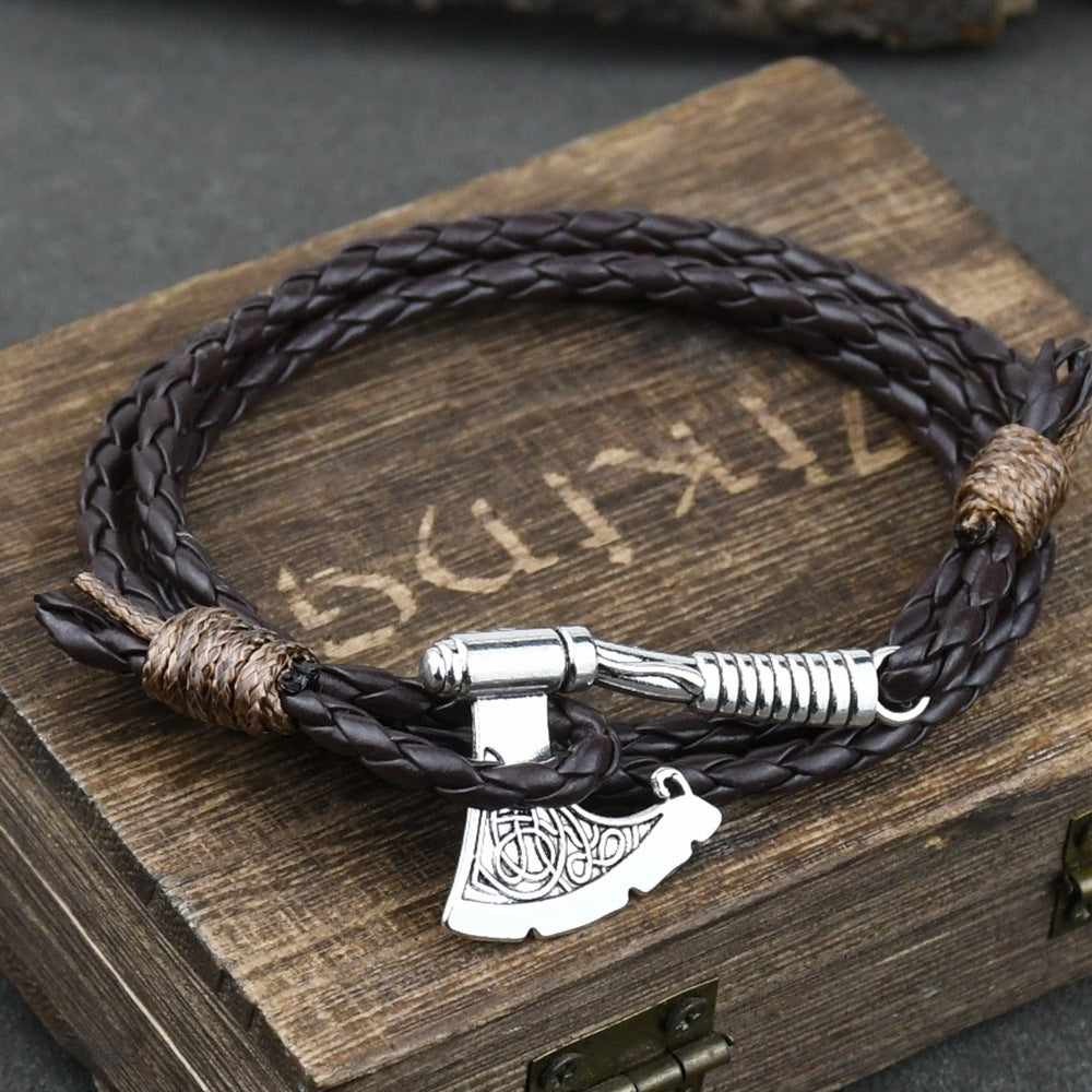 Men’s Jewelery Ax Wrap Anchor Viking Leather Bracelet - Men’s Viking Leather Bracelet with Black Chain Gold