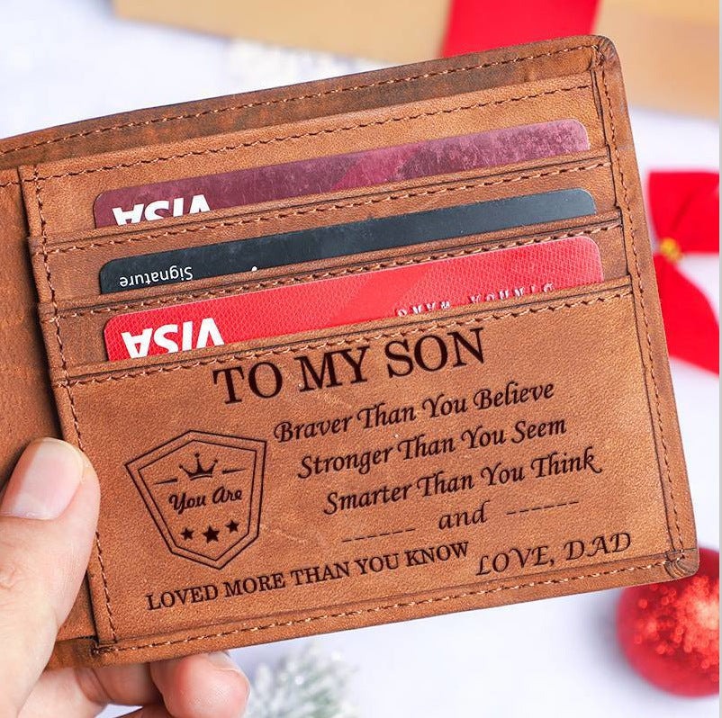 Men’s Leather Laser Carving Letter Wallet - Men’s Leather Wallet for Sons Who Never Lose