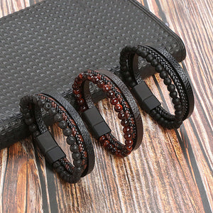 Men’s Leather Natural Stone Volcanic Rock Red Tiger Titanium Steel Woven Leather Bracelet - Men’s Titanium Steel