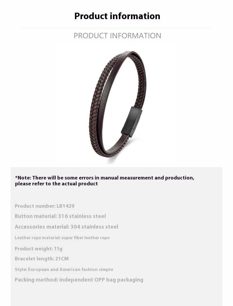 Men’s Leather Rope Stainless Steel Couple Leather Bracelet - Men’s Leather Rope Stainless Steel Couple Bracelet