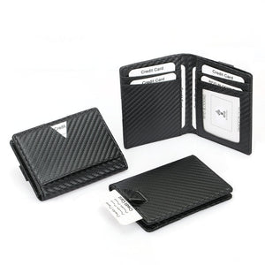 Microfiber Leather Bag with Card and Wallet Compartments in Black Carbon Fiber - ID Holder Internal Structure