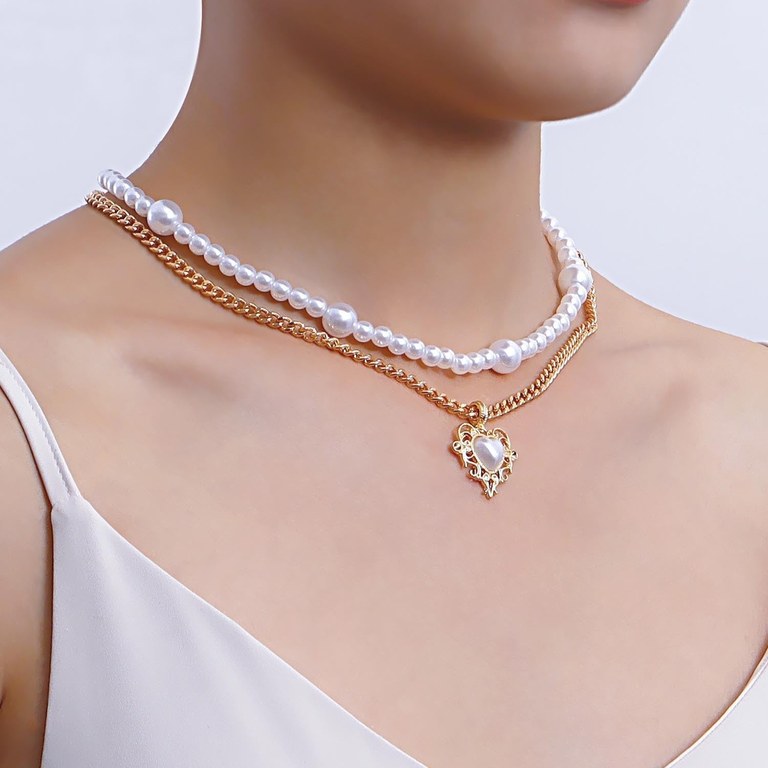 Minimally Designed French Double-layer Layered Heart-shaped Necklace For Women With Niche Design Pearl Contrasting