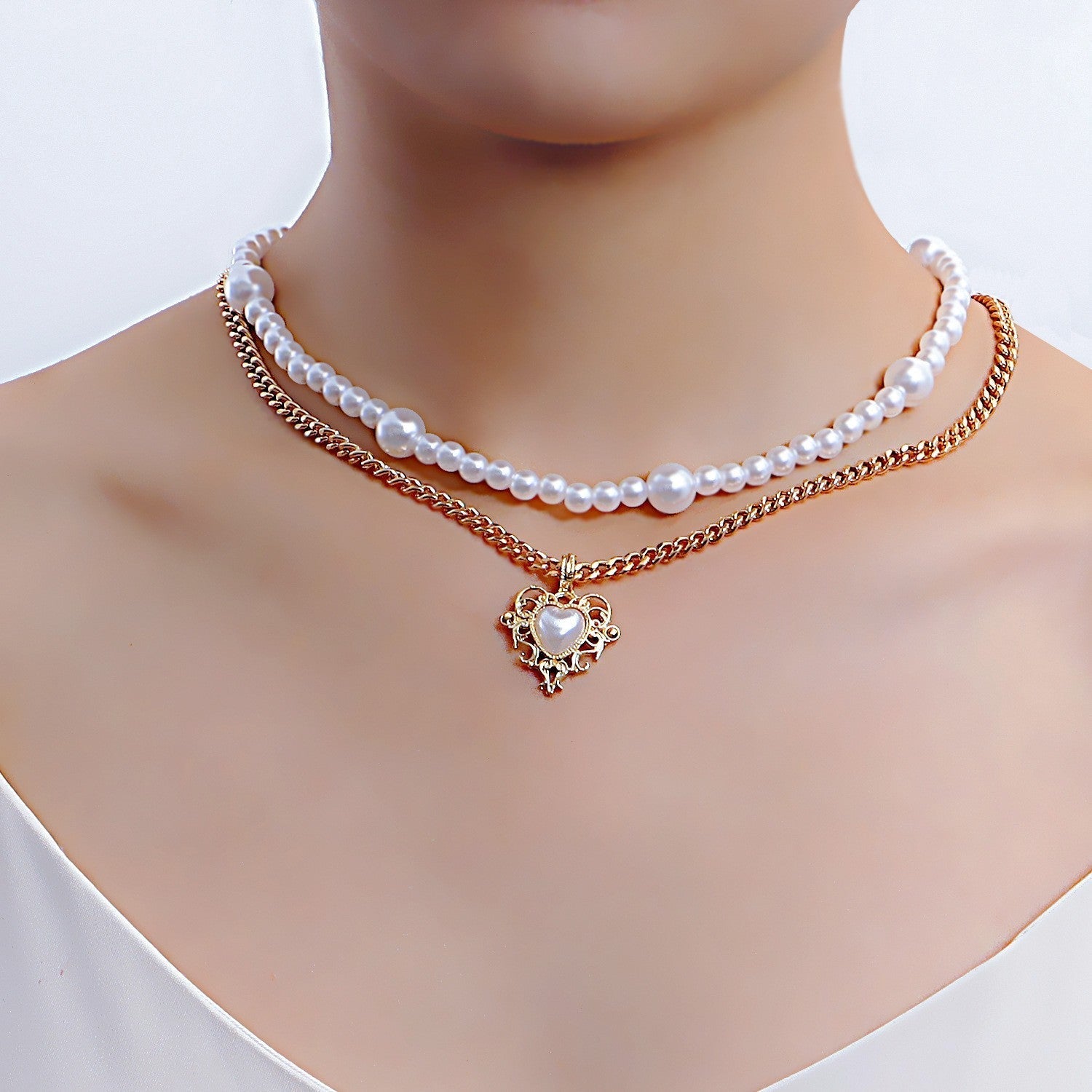 Minimally Designed French Double-layer Layered Heart-shaped Necklace For Women With Niche Design Pearl Contrasting