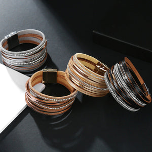 Multi-layer Genuine Leather Slim Chain Copper Tube Stick-on Crystals Bracelet - Multi-layer Genuine Leather Bracelet