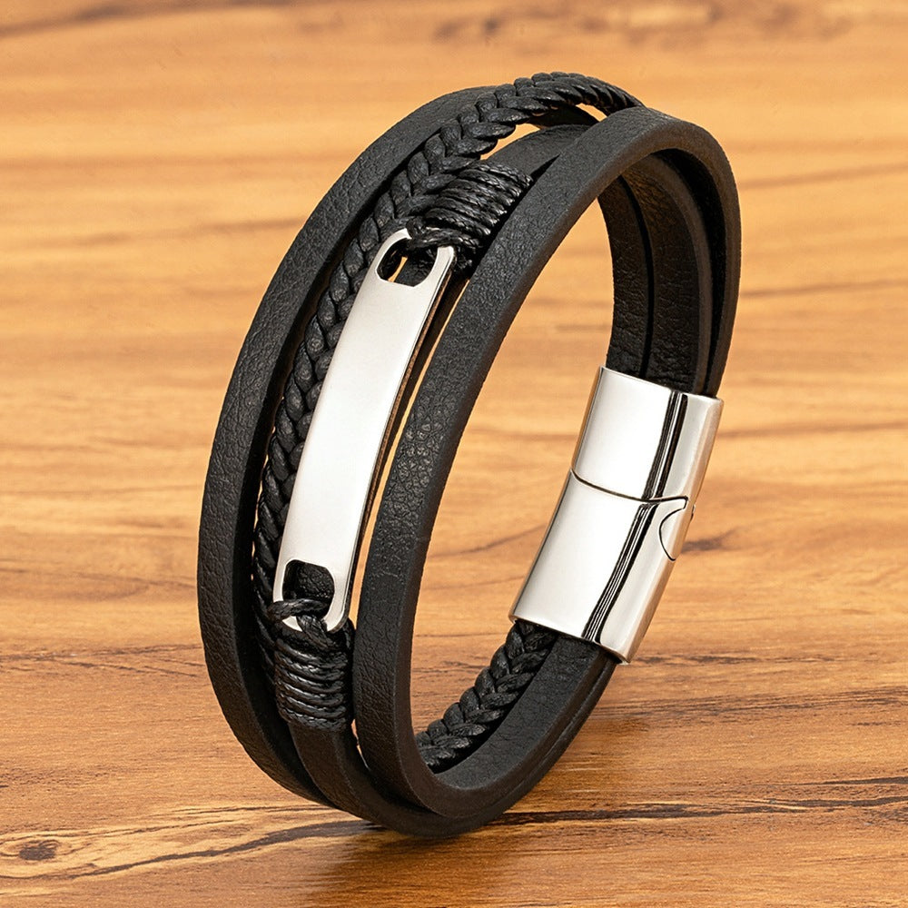 Multi-layer Woven Leather Bracelet Magnetic Buckle Stainless Steel Bracelet - Multi-layer Woven Leather Stainless Steel