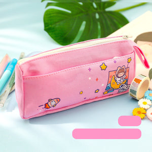 Multi-Purpose Large-Capacity Canvas Pencil Case Cute - Pencil Case Parade with Pink Cat and Colorful Bears