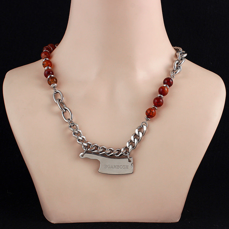 Natural Agate Beads Necklace with Steel Pendant and Titanium Chain - in natural agate beads necklace