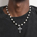 Natural Freshwater Pearl Black Agate Necklace With Cross Pendant - Natural Freshwater Pearl Black Agate Necklace