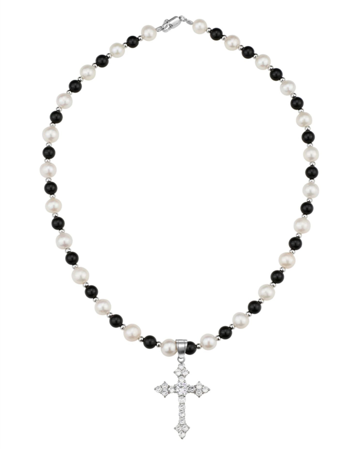 Natural Freshwater Pearl Black Agate Necklace With Cross Pendant - Natural Freshwater Pearl Black Agate Necklace