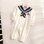 Cotton Long Sleeve Baby Onesies with Detachable Hood for United States Market - Navy Tiny Sailors in Models united