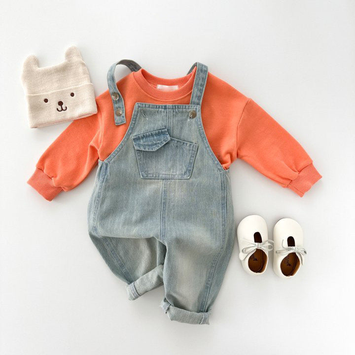 New Boys And Girls Small And Older Kids Retro One-piece Soft Jeans Casual - Hilarious Blue Suspender Pants for Trendy