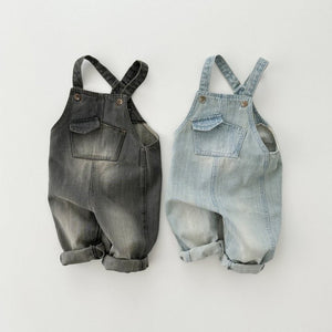 New Boys And Girls Small And Older Kids Retro One-piece Soft Jeans Casual - Hilarious Blue Suspender Pants for Trendy