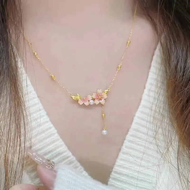 New Chinese Enamel Flower Tassel Pearl Chain Jewelry