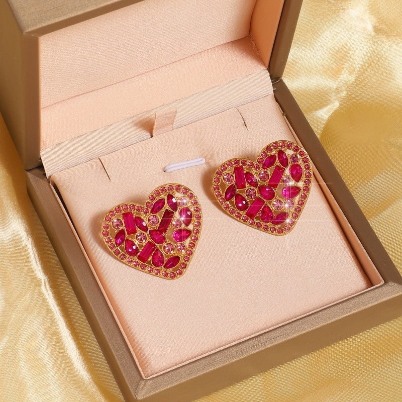 New Cross-border Niche Personalized Creative Elegant Luxury Heart-shaped Inlaid With Colorful Diamonds Simple Hollow