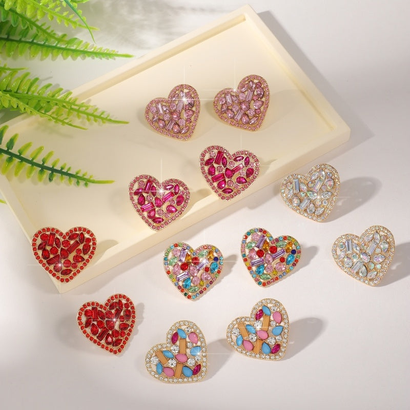 New Cross-border Niche Personalized Creative Elegant Luxury Heart-shaped Inlaid With Colorful Diamonds Simple Hollow