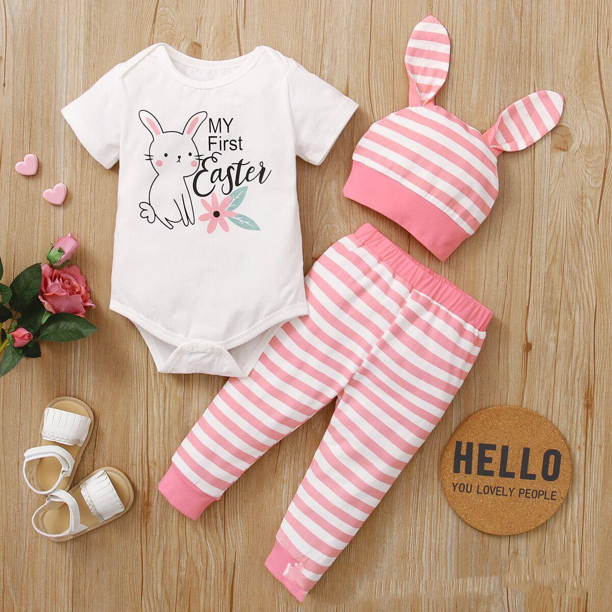 New Easter Print Rabbit Romper Three Piece 2 Colors - Hippity Hop in Style with Our Bunny Romper Set