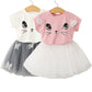 New Girls Kids Cute Child Cat Short Sleeve T-Shirt Butterfly Beaded Puffy Skirt Skirt Set - Cute Cat Short Sleeve Skirt