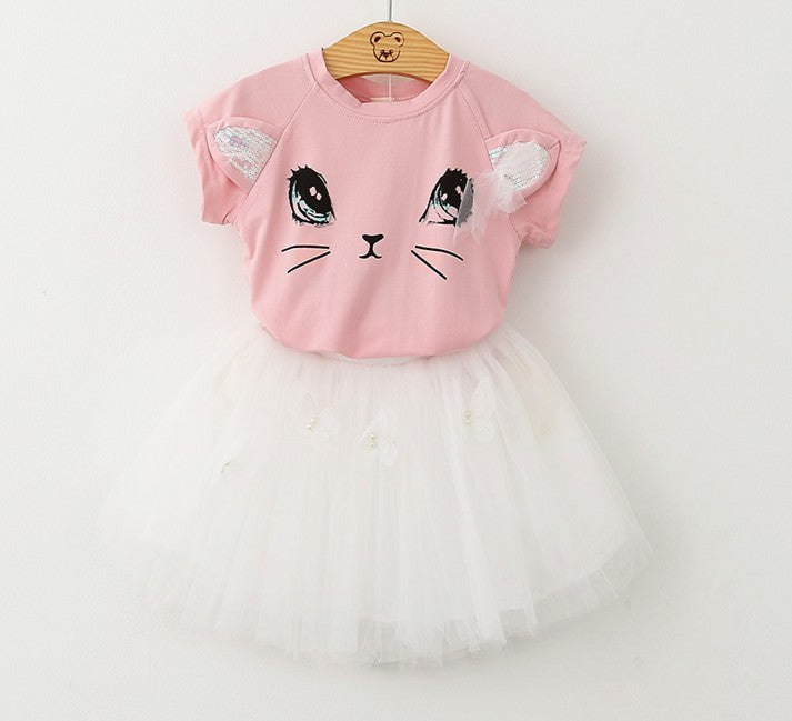 New Girls Kids Cute Child Cat Short Sleeve T-Shirt Butterfly Beaded Puffy Skirt Skirt Set - Cute Cat Short Sleeve Skirt