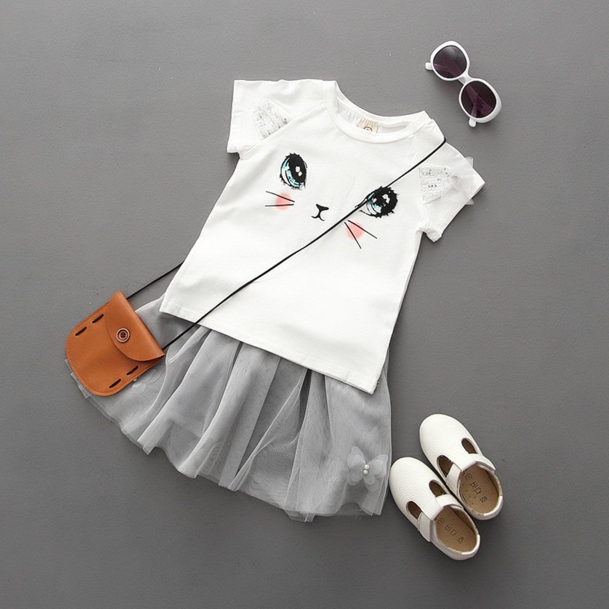 New Girls Kids Cute Child Cat Short Sleeve T-Shirt Butterfly Beaded Puffy Skirt Skirt Set - Cute Cat Short Sleeve Skirt