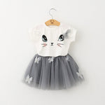 New Girls Kids Cute Child Cat Short Sleeve T-Shirt Butterfly Beaded Puffy Skirt Skirt Set - Cute Cat Short Sleeve Skirt