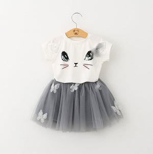 New Girls Kids Cute Child Cat Short Sleeve T-Shirt Butterfly Beaded Puffy Skirt Skirt Set - Cute Cat Short Sleeve Skirt