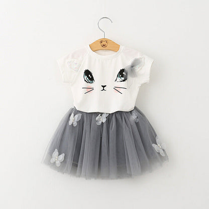 New Girls Kids Cute Child Cat Short Sleeve T-Shirt Butterfly Beaded Puffy Skirt Skirt Set - Cute Cat Short Sleeve Skirt