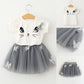 New Girls Kids Cute Child Cat Short Sleeve T-Shirt Butterfly Beaded Puffy Skirt Skirt Set - Cute Cat Short Sleeve Skirt